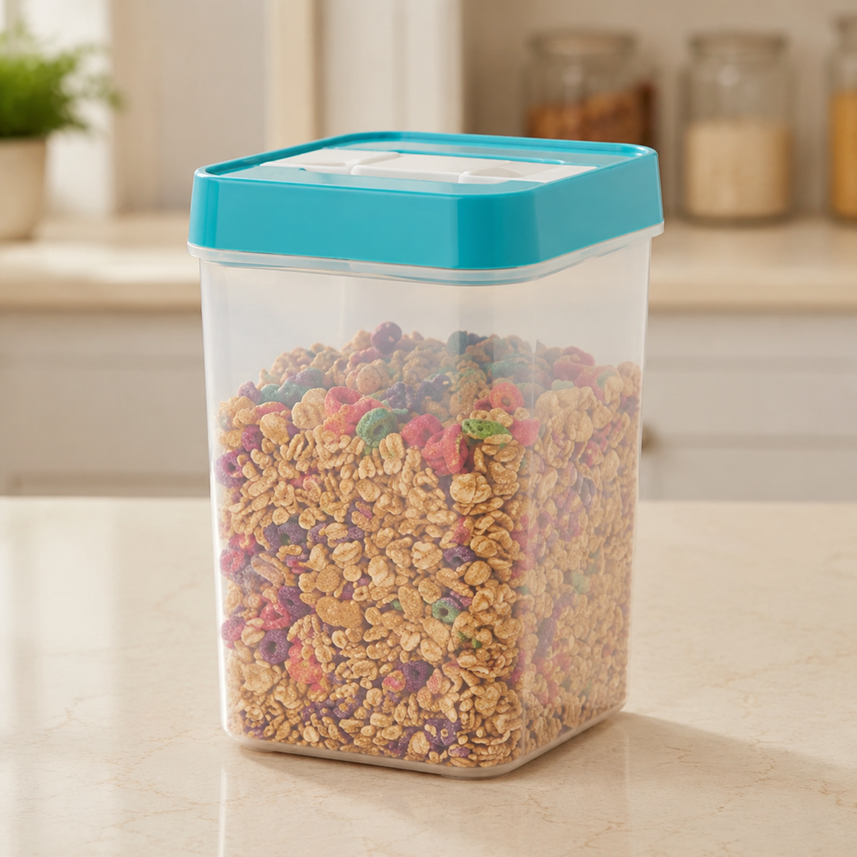 A clear plastic food storage container with a teal lid, filled with colorful cereal, sits on a kitchen counter.