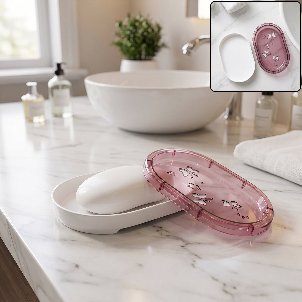 White bar of soap resting in a white base with a pink butterfly-patterned lid beside it on a marble counter.