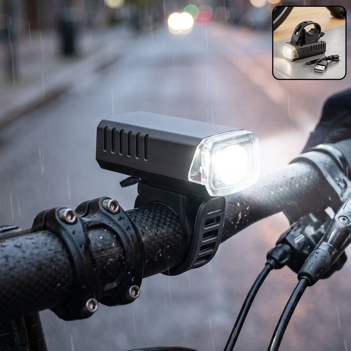 Black rectangular bicycle headlight with a clear lens, mounted on handlebars, shining brightly in the rain at night.
