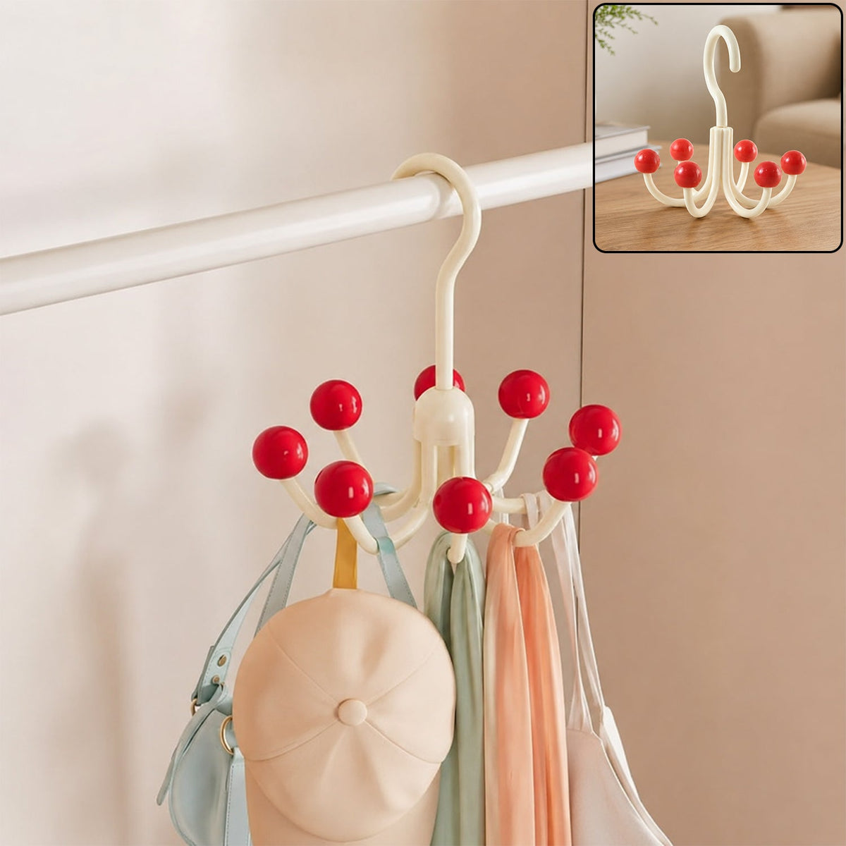 A cream multi-hook hanger with red ball tips, holding a light blue bag, a beige cap, and two scarves, hanging on a white rod.