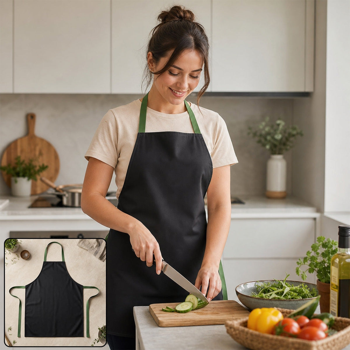A woman in a black apron with green ties slices a cucumber in a modern kitchen.