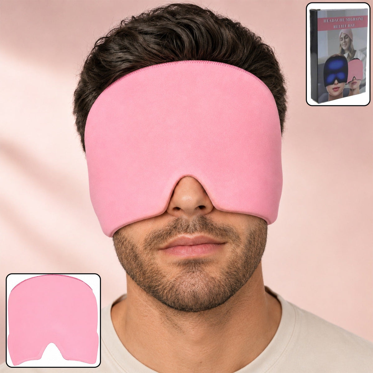 A man wearing a pink migraine relief cap over his eyes and forehead, with a product box in the top right corner