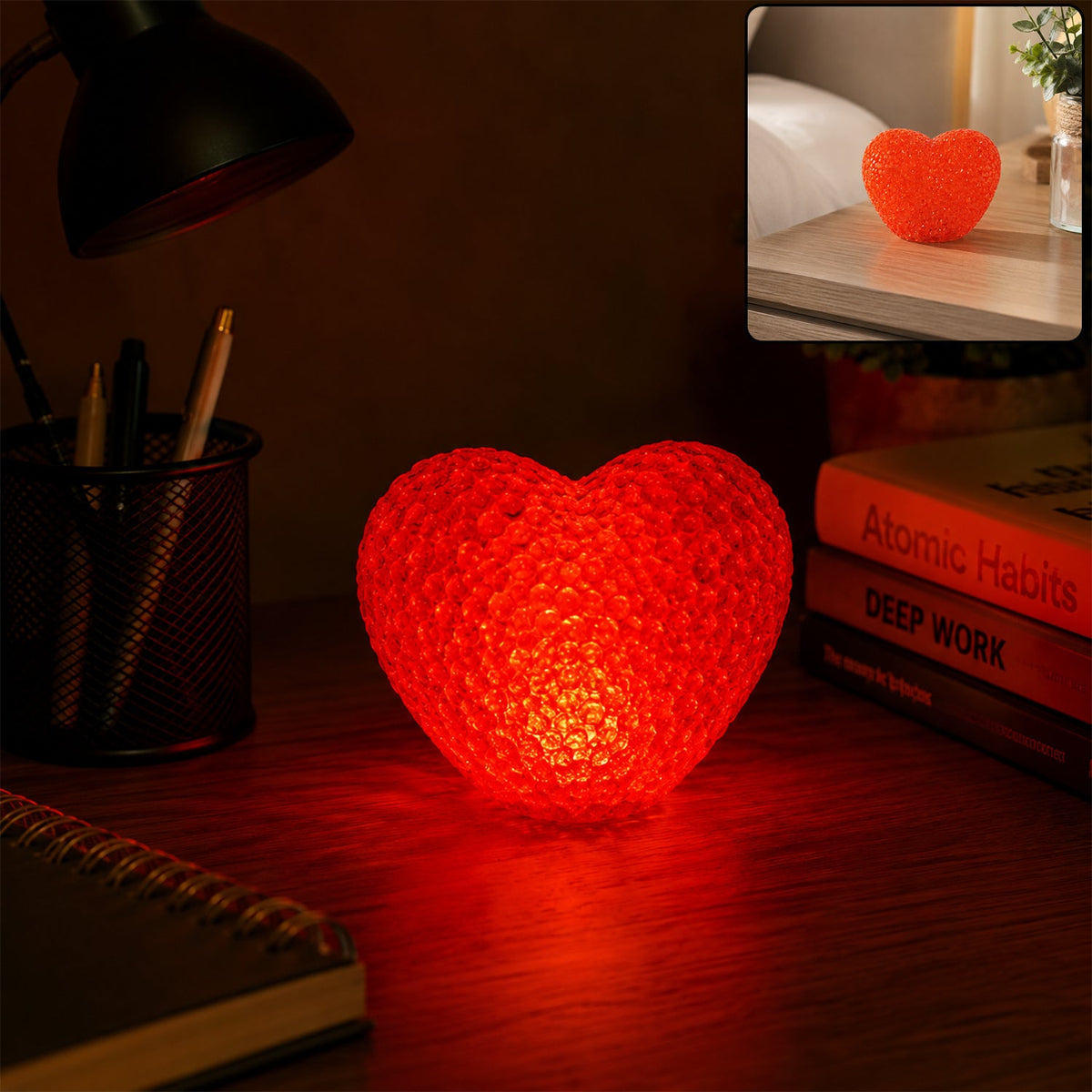 A red heart-shaped crystal texture LED lamp glowing on a dark wooden desk with a black lamp and books.