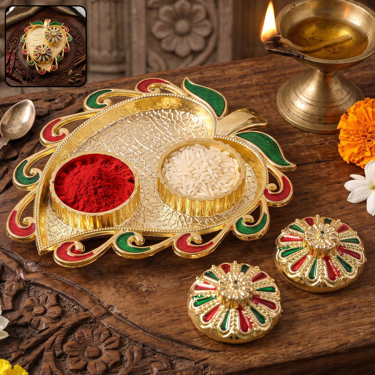 Leaf Shape Golden Kankavati Kumkum Holder with Enamel Lids