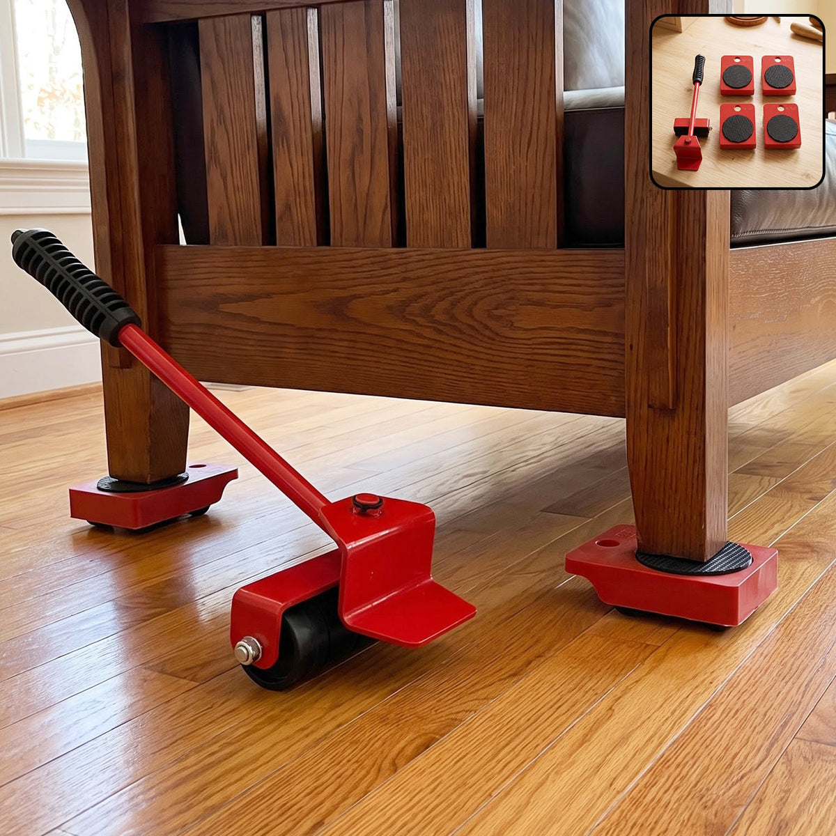 A red furniture lifter tool is positioned under a wooden chair leg, with three red wheeled sliders under other legs.