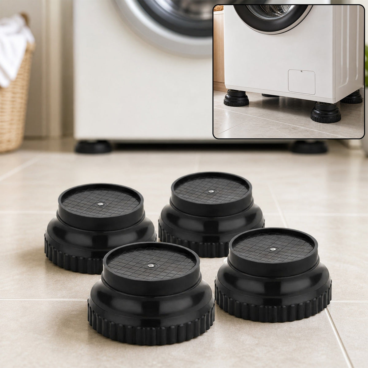 Four black plastic appliance stands on a tiled floor with a washing machine, inset shows stands under a washing machine.