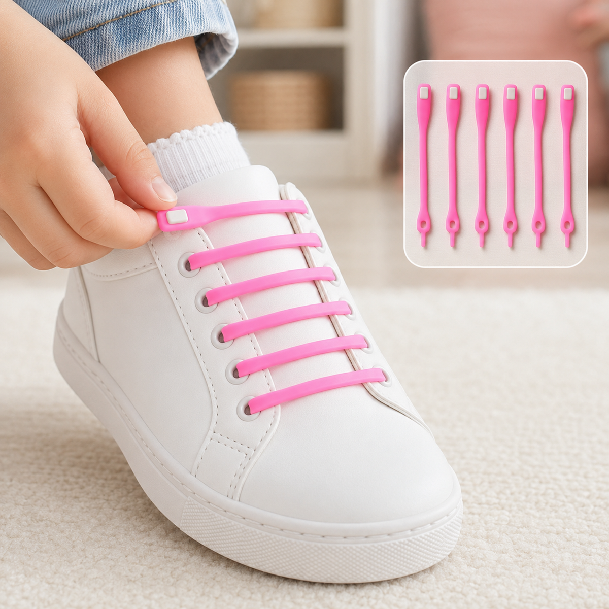 A child's foot in a white sneaker with pink silicone no-tie shoelaces, being adjusted by a hand.