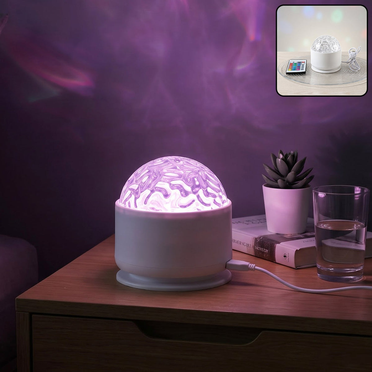 White projection light illuminating purple patterns on a wall, with a small inset showing the light and remote.