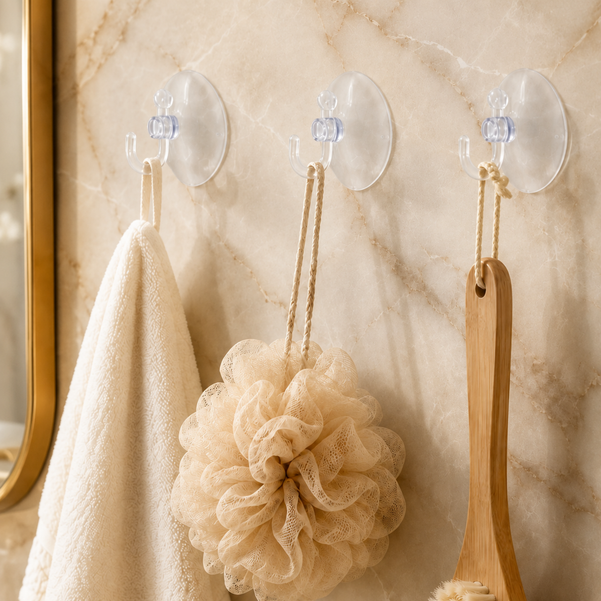 Three transparent suction cup hooks on a marble wall, holding a white towel, a beige loofah, and a wooden brush.