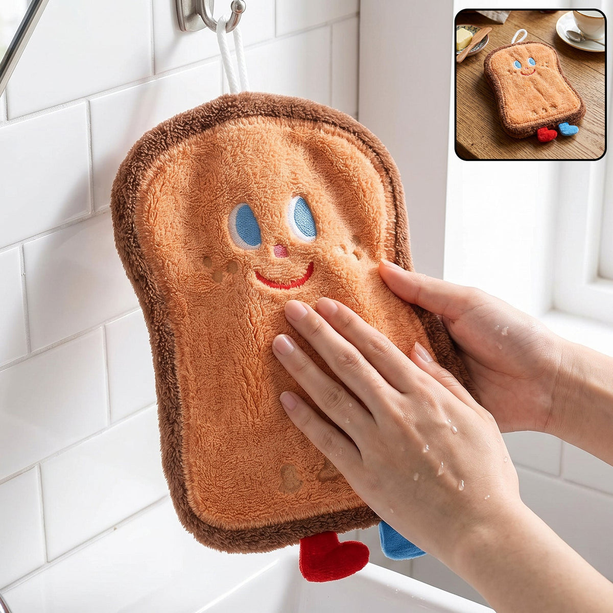 A person's hands gently patting a brown cartoon bread slice towel hanging above a sink