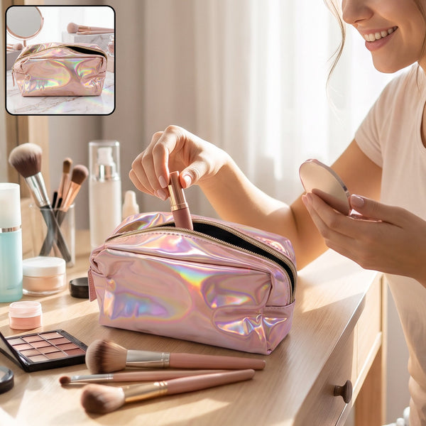 A woman applies lipstick, holding a holographic pink makeup bag with other cosmetics on a wooden vanity.