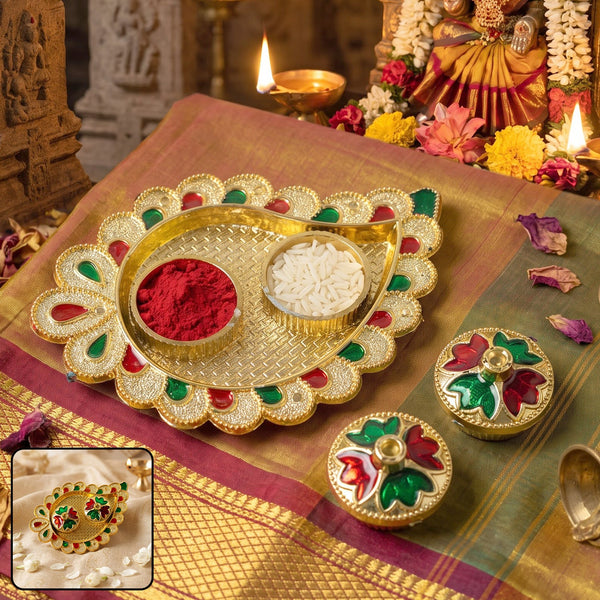 Mango Shape Kumkum Dish with 2 Diya Stands for Puja Thali Decor