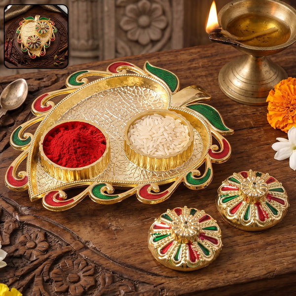 Leaf Shape Golden Kankavati Kumkum Holder with Enamel Lids
