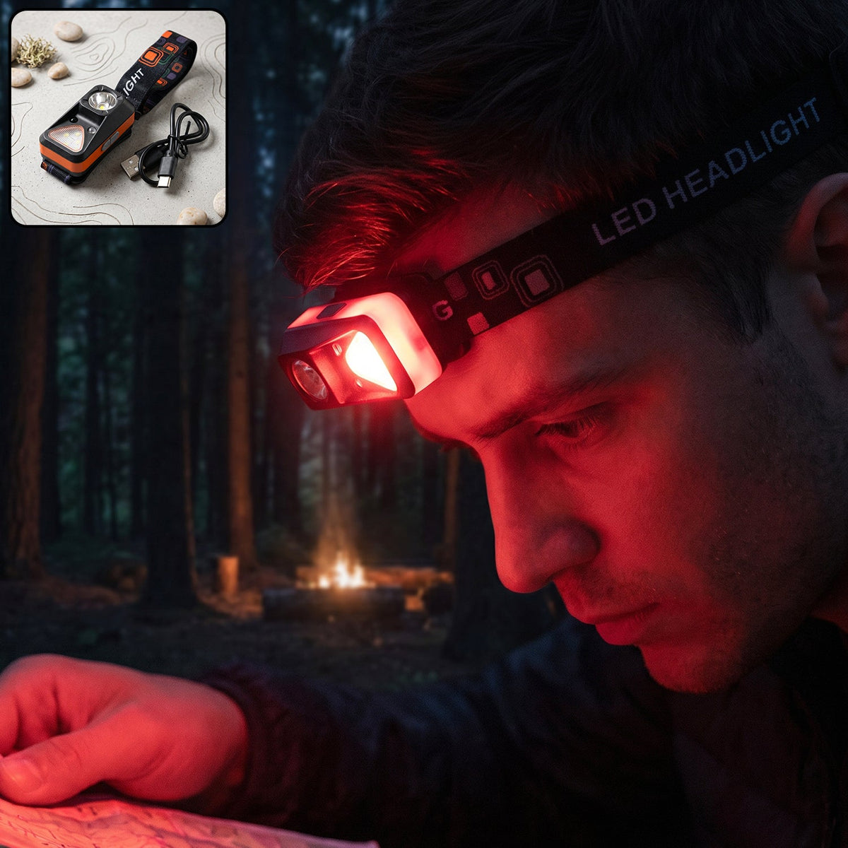 A man wearing an orange and black headlamp with a red light, reading a map in a dark forest with a campfire in the