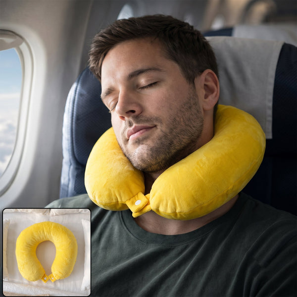 A man with a beard sleeps on an airplane, wearing a bright yellow U-shaped neck pillow with a white snap closure.