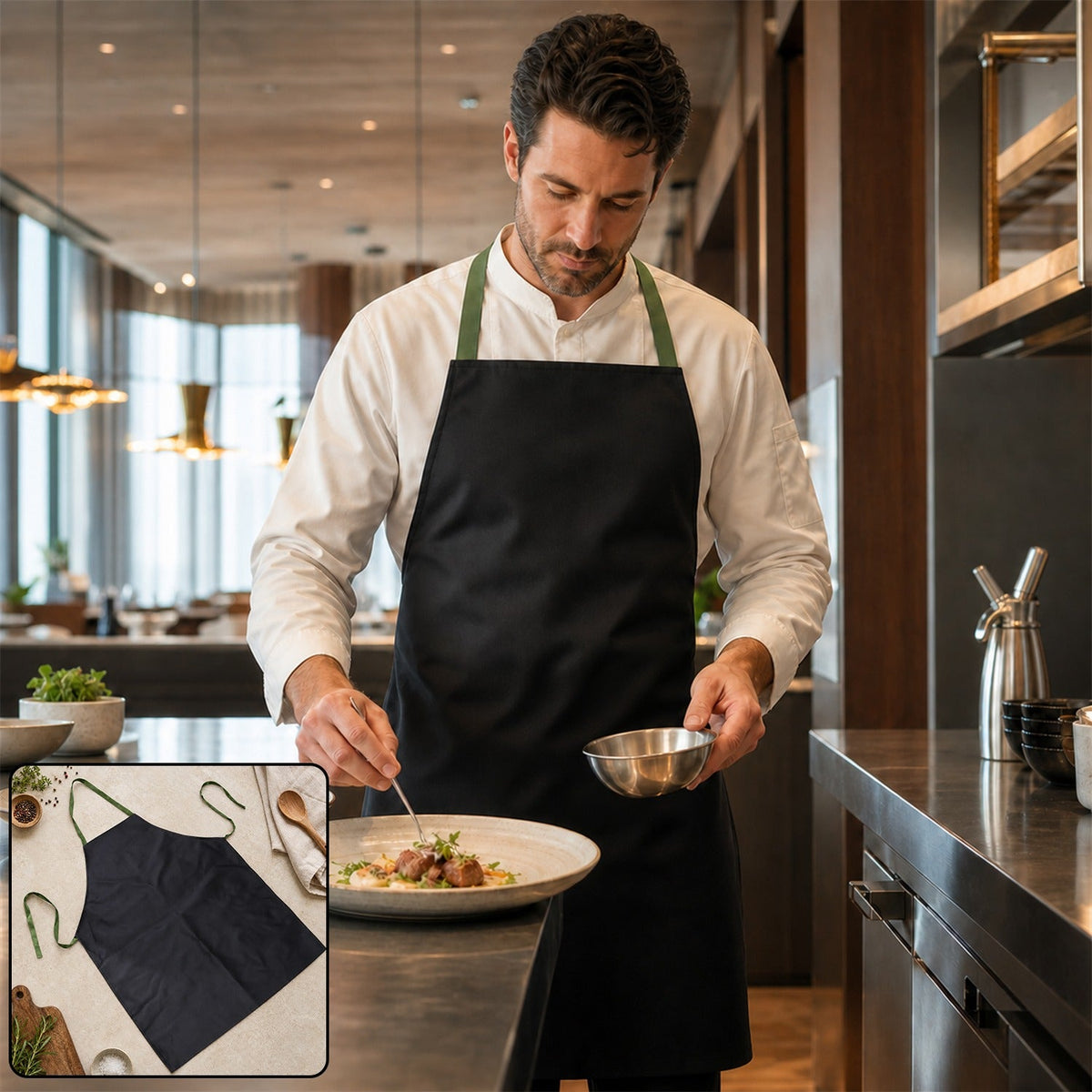 A chef in a white uniform and a black apron with green straps garnishes a dish in a modern kitchen, with an inset of the