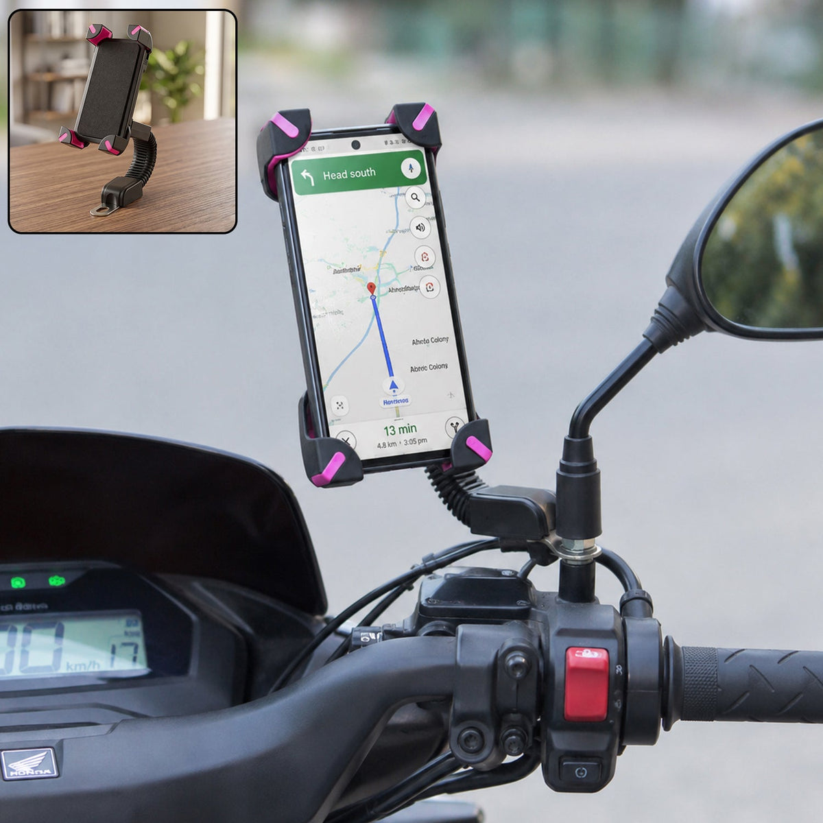 Plastic bicycle phone holder with mirror mount and flexible arm