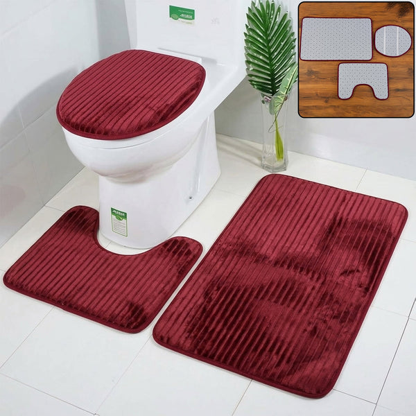 Bathroom Mat Set with Toilet Contour Rug and Lid Cover, Anti Slip (3 Pc Set)
