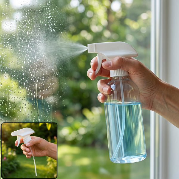 A hand holds a clear spray bottle with blue liquid, spraying water onto a windowpane, with an inset of the sprayer